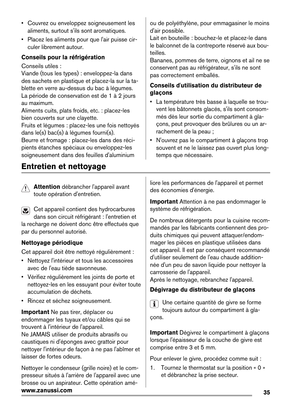 Entretien et nettoyage | Zanussi ZRX407W User Manual | Page 35 / 52