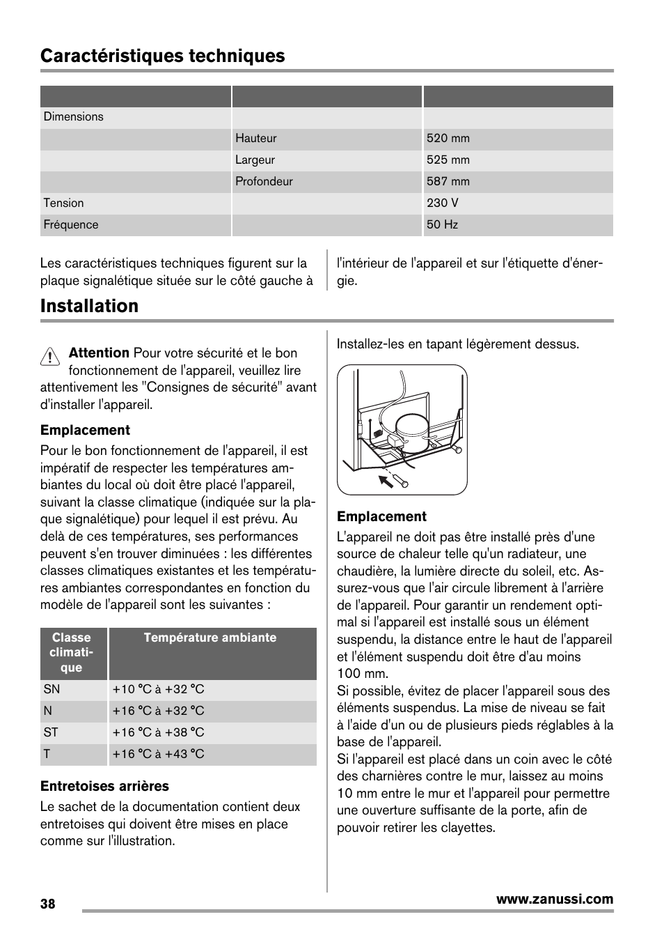 Caractéristiques techniques, Installation | Zanussi ZRX407W User Manual | Page 38 / 52