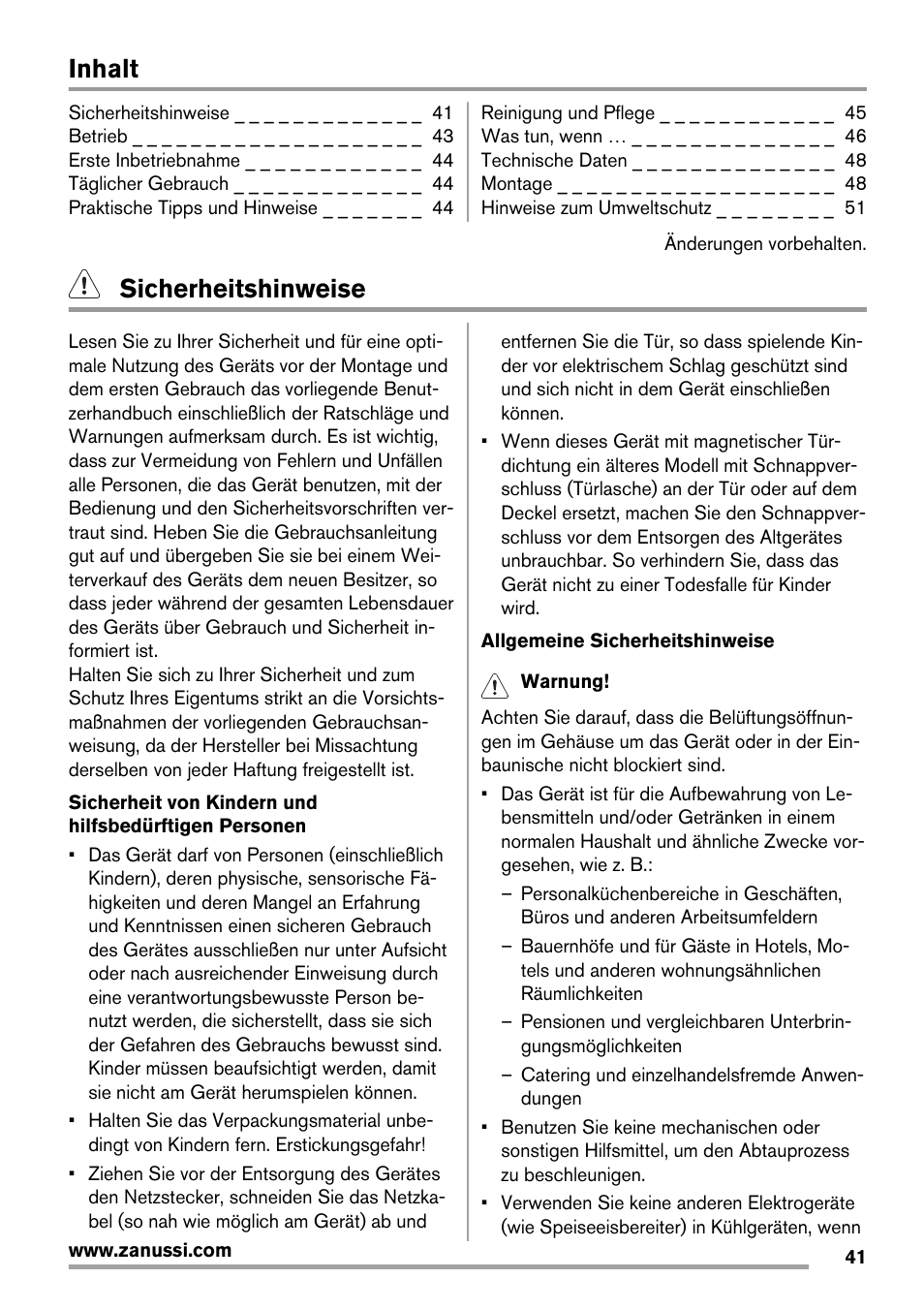 Inhalt, Sicherheitshinweise | Zanussi ZRX407W User Manual | Page 41 / 52
