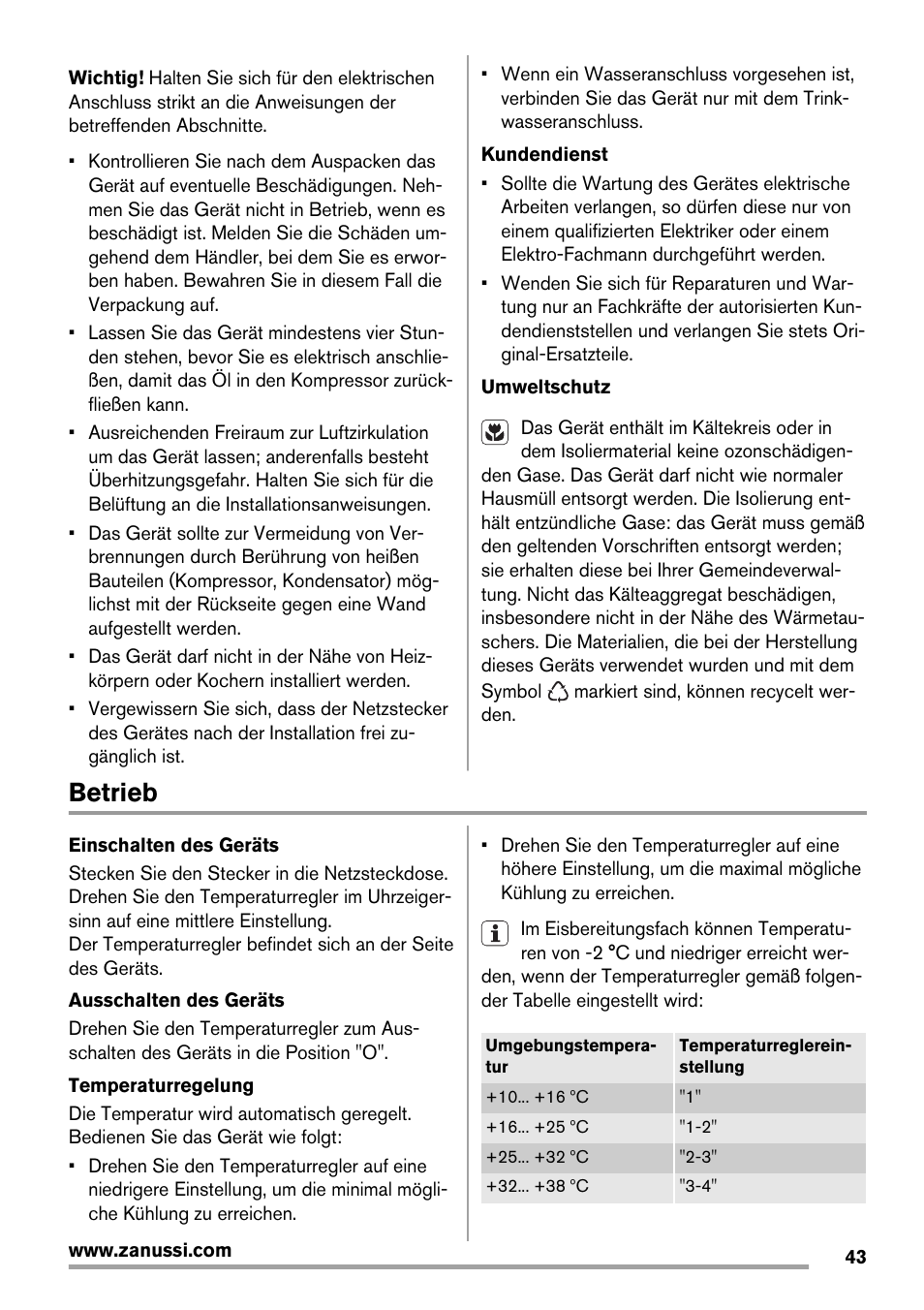 Betrieb | Zanussi ZRX407W User Manual | Page 43 / 52