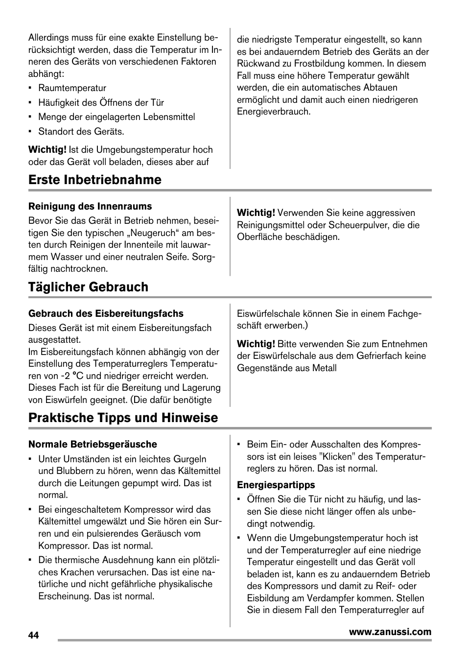Erste inbetriebnahme, Täglicher gebrauch, Praktische tipps und hinweise | Zanussi ZRX407W User Manual | Page 44 / 52