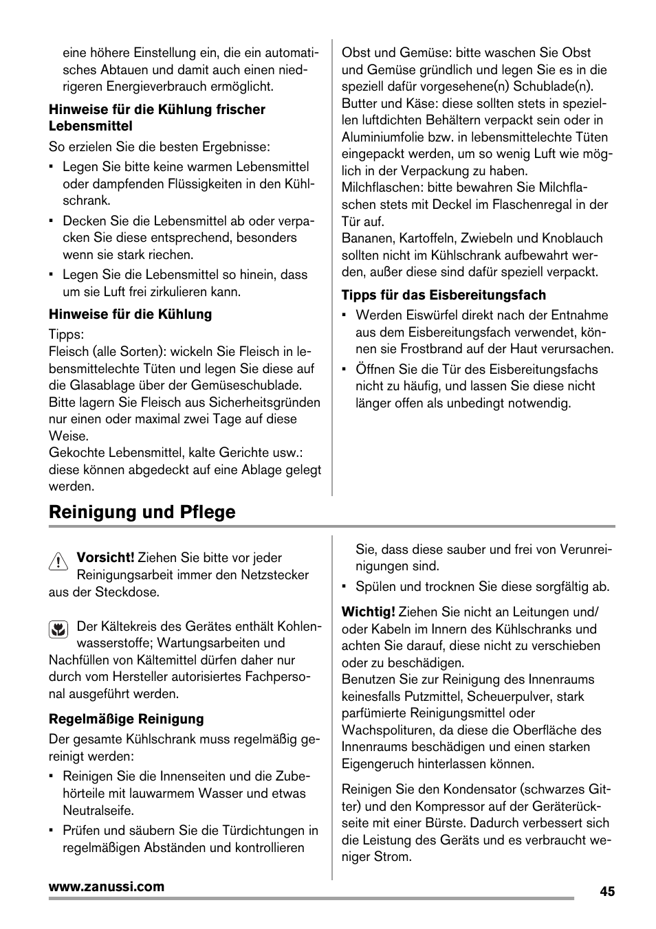 Reinigung und pflege | Zanussi ZRX407W User Manual | Page 45 / 52