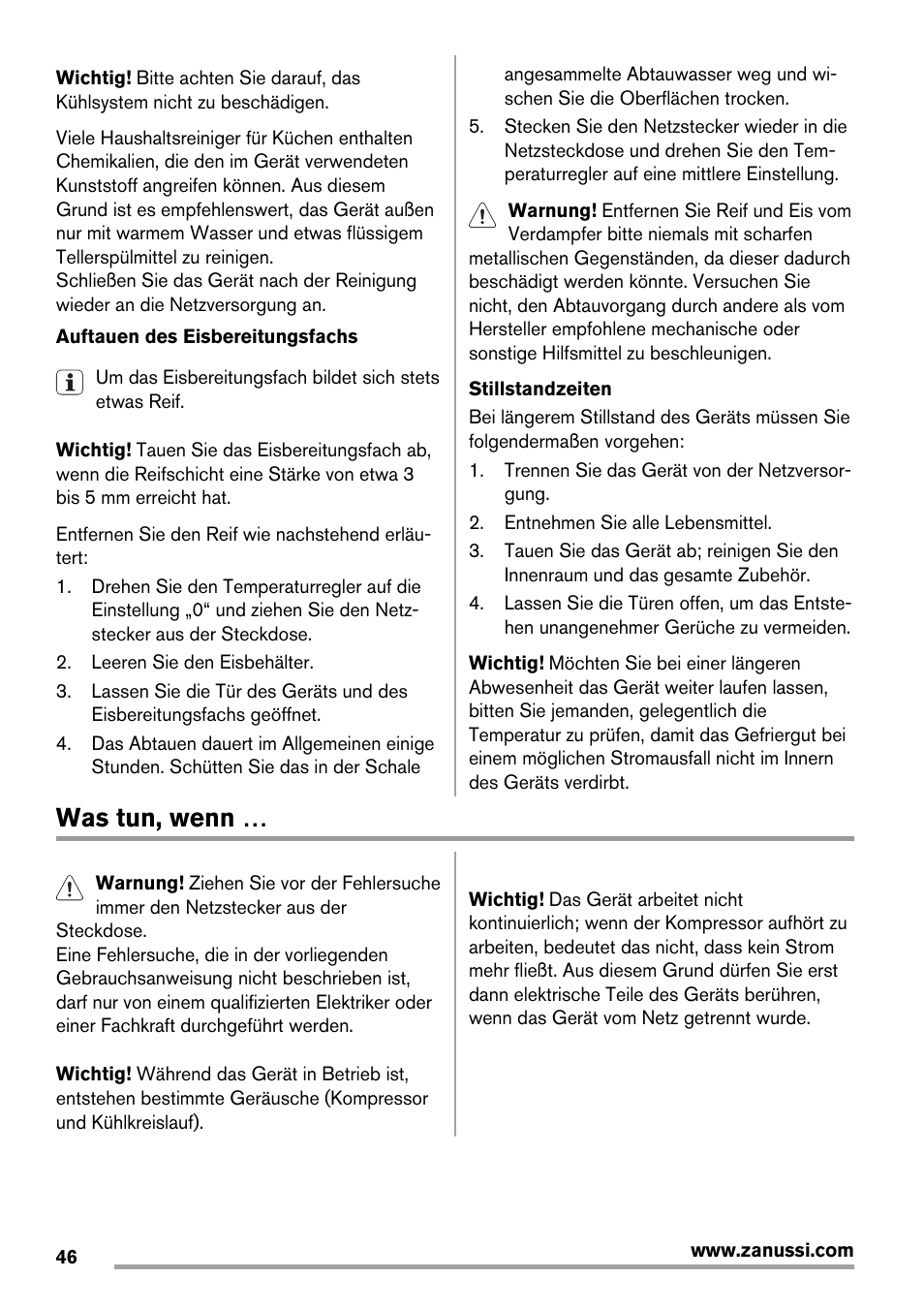 Was tun, wenn | Zanussi ZRX407W User Manual | Page 46 / 52