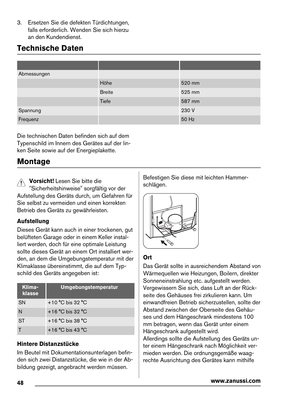 Technische daten, Montage | Zanussi ZRX407W User Manual | Page 48 / 52