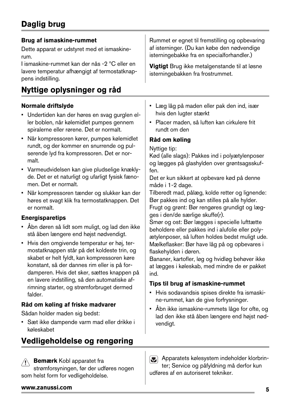 Daglig brug, Nyttige oplysninger og råd, Vedligeholdelse og rengøring | Zanussi ZRX407W User Manual | Page 5 / 52