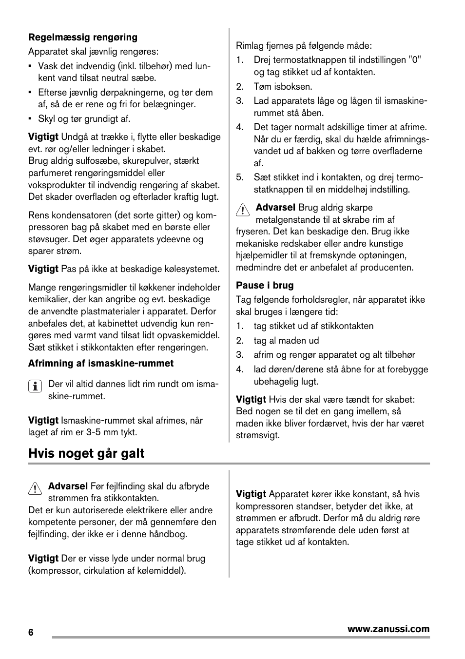 Hvis noget går galt | Zanussi ZRX407W User Manual | Page 6 / 52