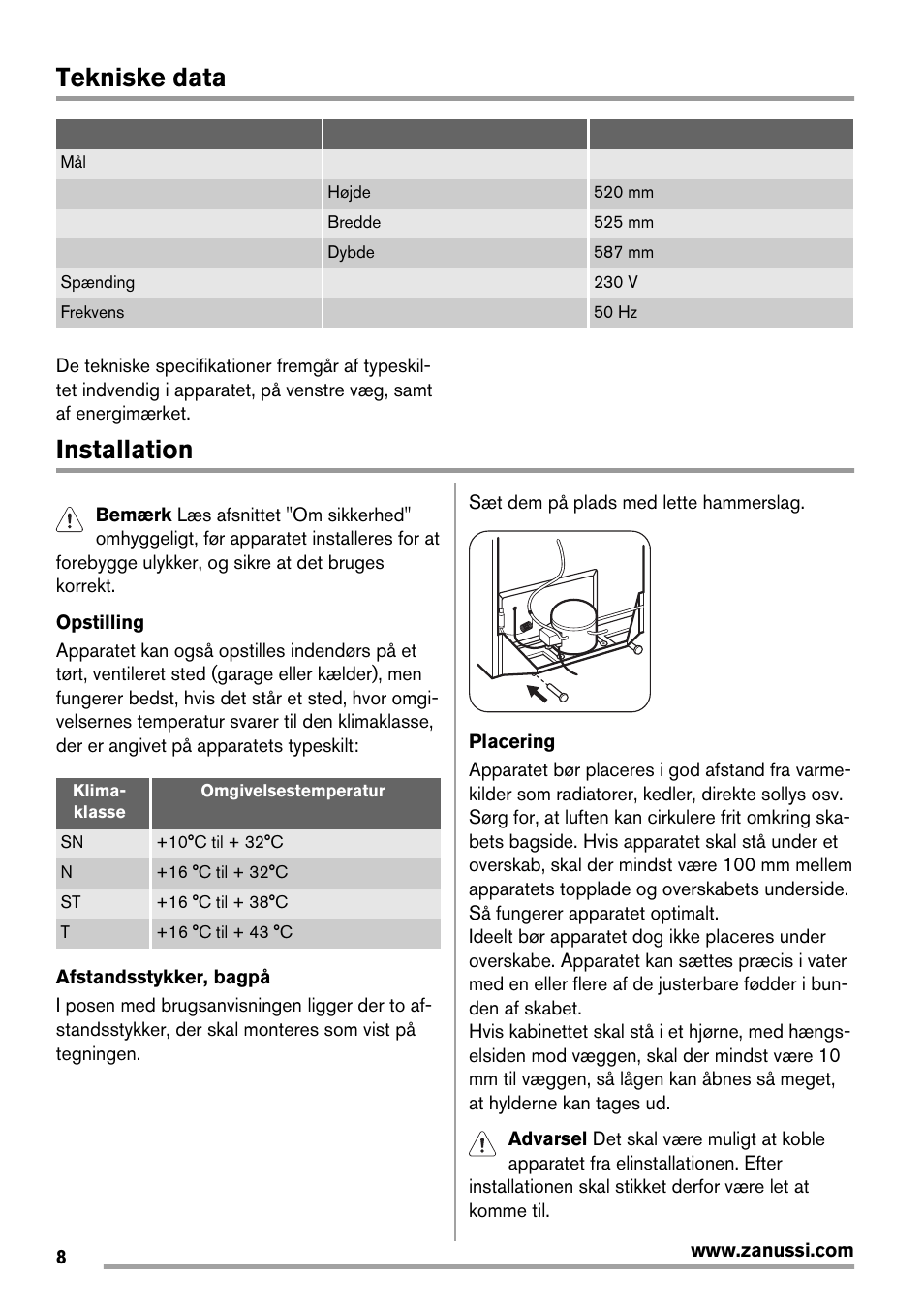 Tekniske data, Installation | Zanussi ZRX407W User Manual | Page 8 / 52