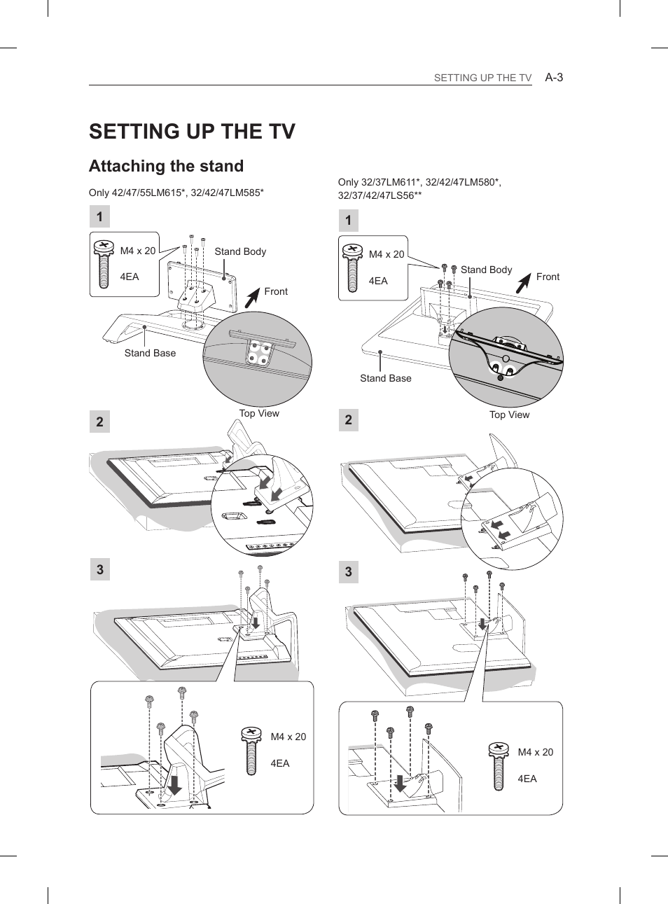 Setting up the tv, Attaching the stand | LG 47LS5600 User Manual | Page 3 / 73
