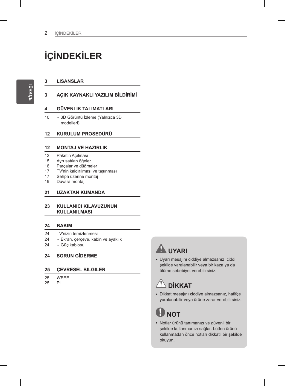 Içindekiler, Uyari, Dikkat | LG 47LS5600 User Manual | Page 32 / 73