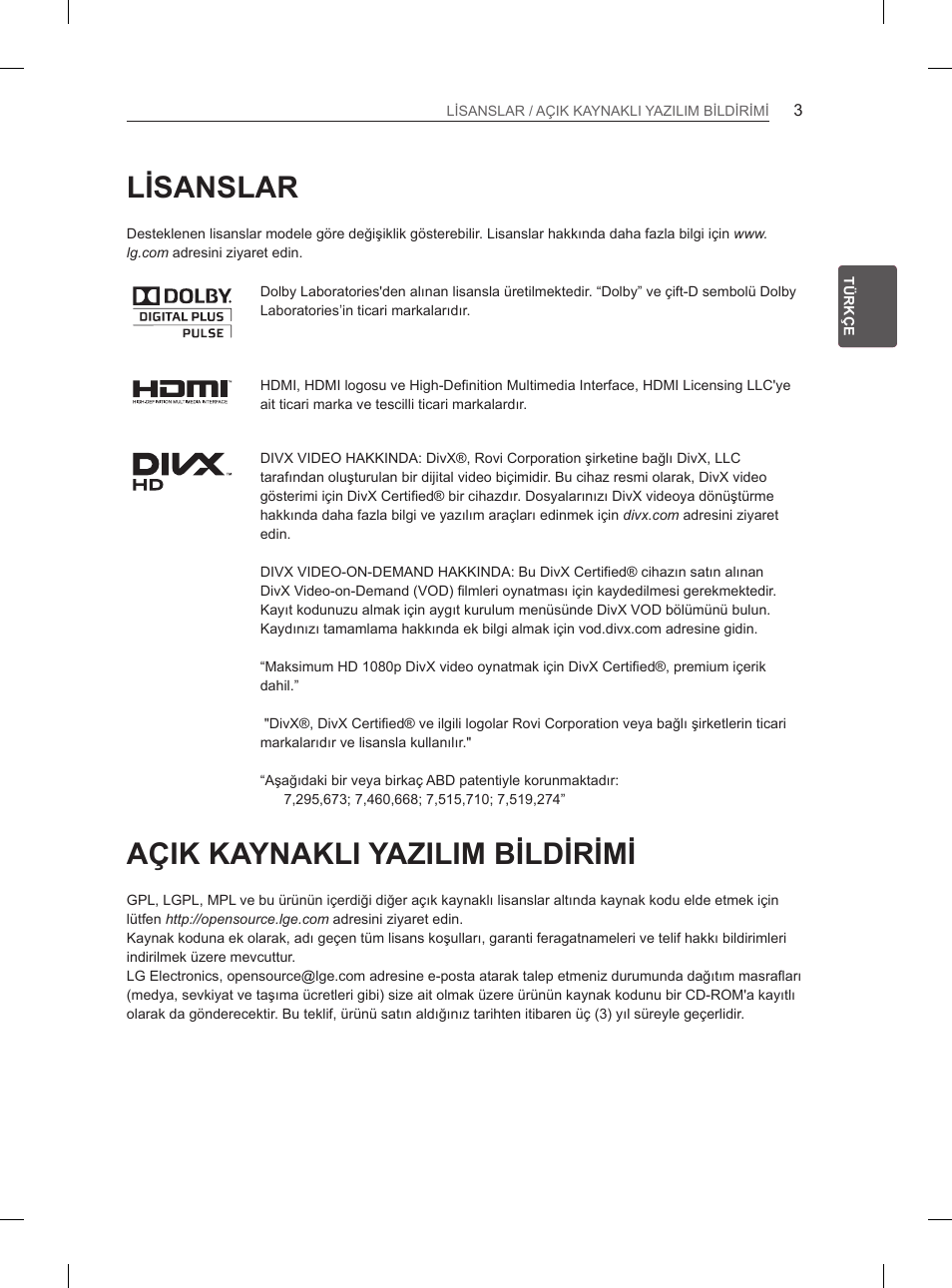 Lisanslar, Açik kaynakli yazilim bildirimi | LG 47LS5600 User Manual | Page 33 / 73