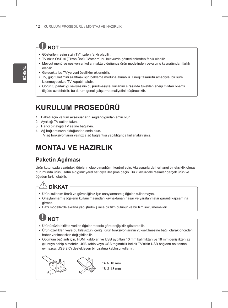 Kurulum prosedürü, Montaj ve hazirlik, Paketin açılması | Dikkat | LG 47LS5600 User Manual | Page 42 / 73