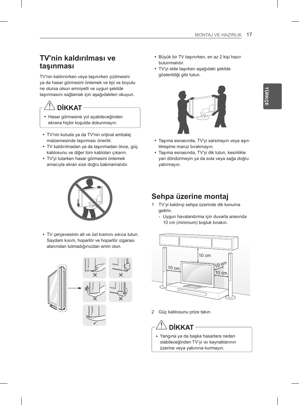 Tv'nin kaldırılması ve taşınması, Sehpa üzerine montaj, Dikkat | LG 47LS5600 User Manual | Page 47 / 73