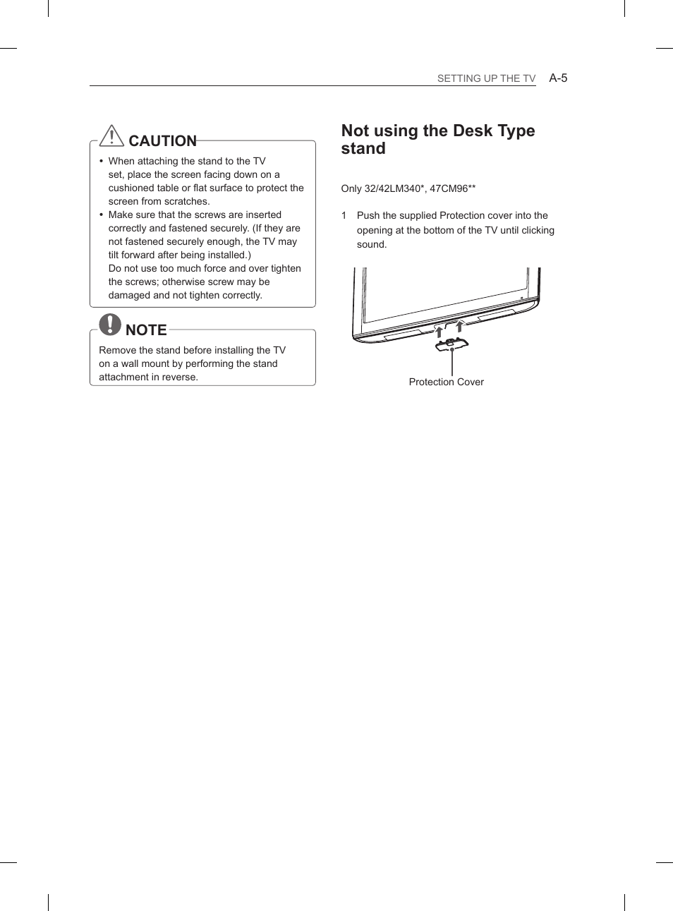 Not using the desk type stand, Caution | LG 47LS5600 User Manual | Page 5 / 73