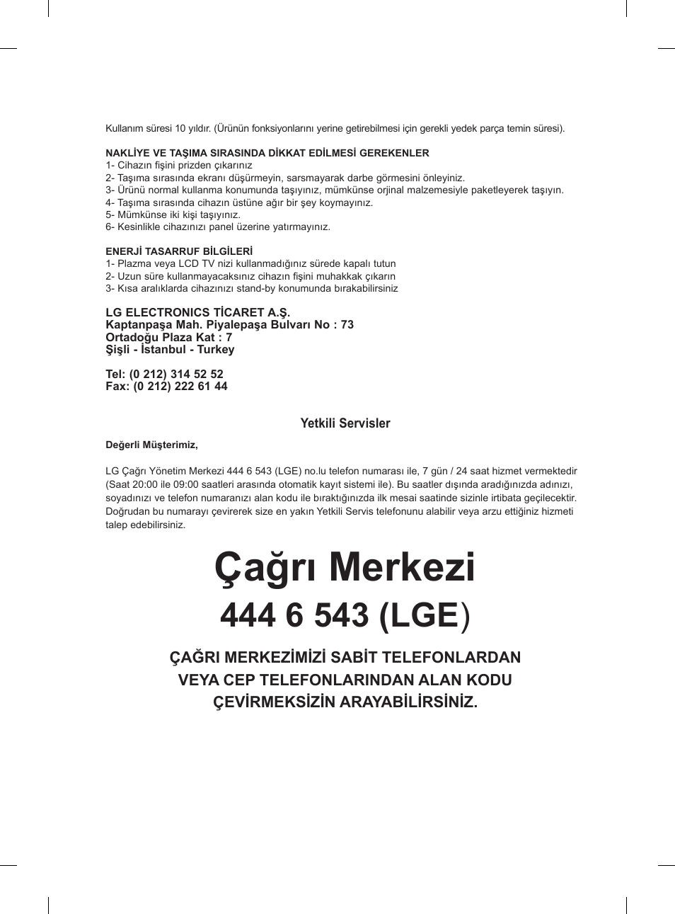 Çağrı merkezi | LG 47LS5600 User Manual | Page 56 / 73
