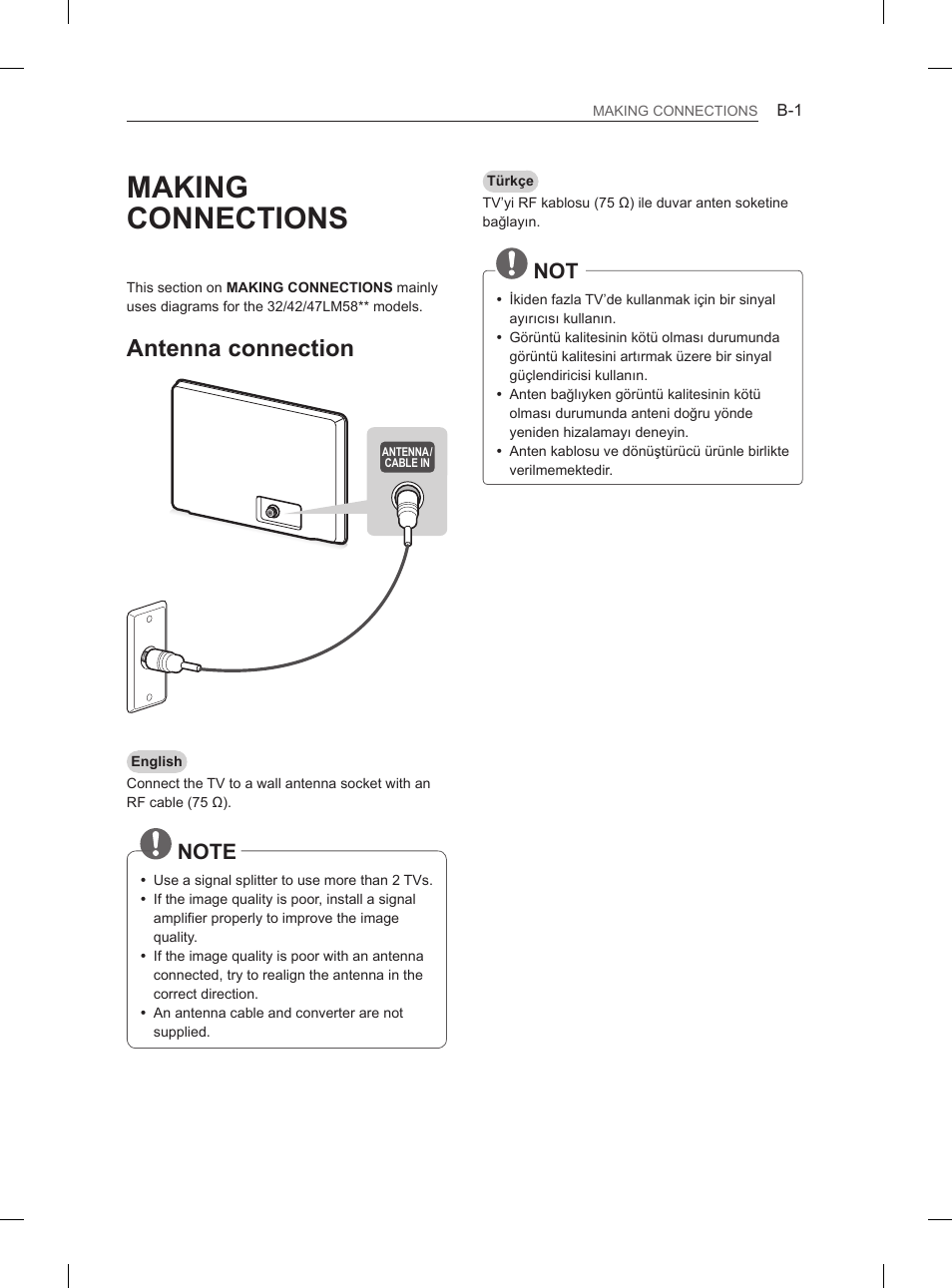 Making connections, Antenna connection | LG 47LS5600 User Manual | Page 57 / 73