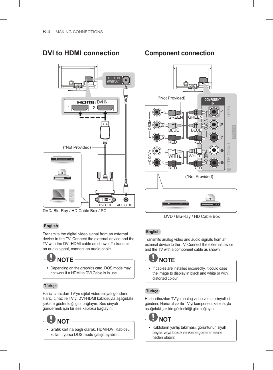 Dvi to hdmi connection, Component connection | LG 47LS5600 User Manual | Page 60 / 73