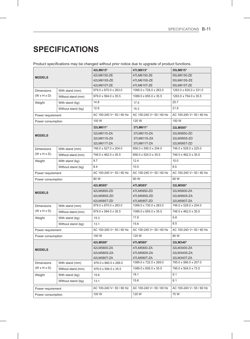 Specifications, B-11 | LG 47LS5600 User Manual | Page 67 / 73