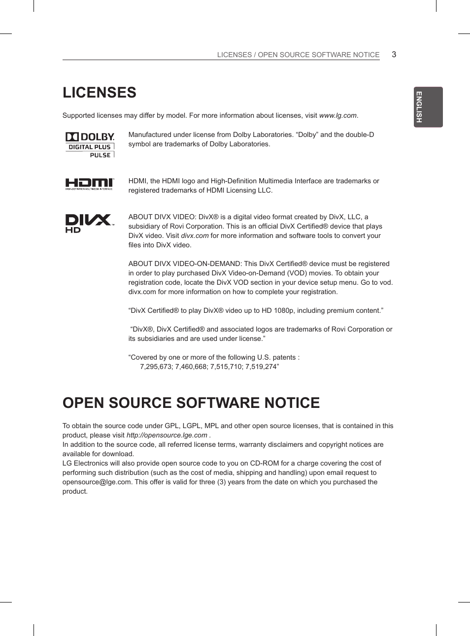 Licenses, Open source software notice | LG 47LS5600 User Manual | Page 9 / 73