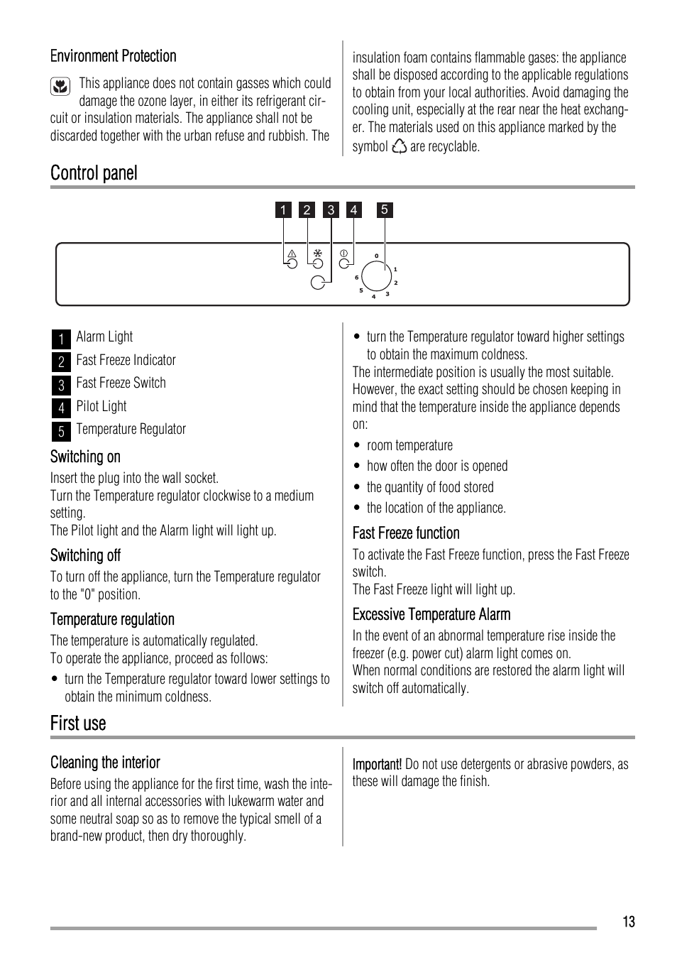 Control panel, First use | Zanussi ZFU420FW User Manual | Page 13 / 40