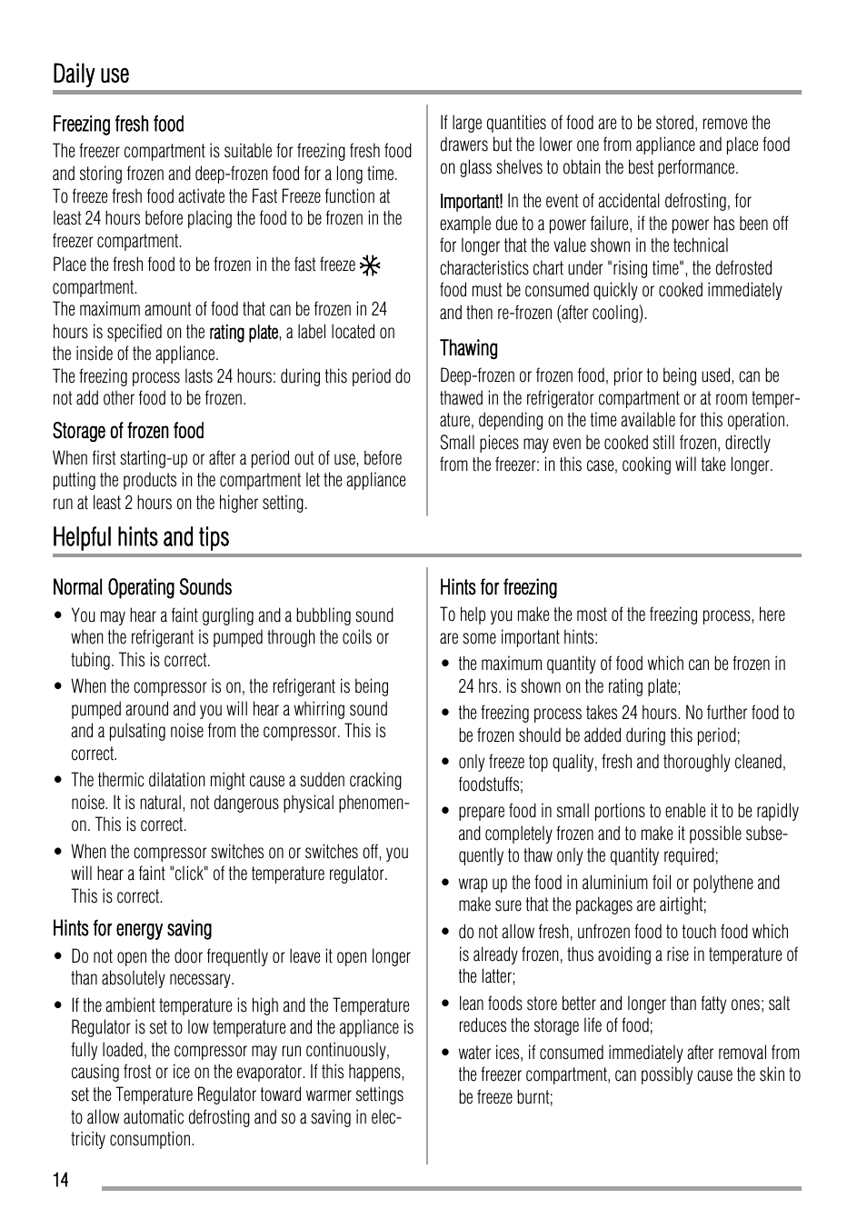 Daily use, Helpful hints and tips | Zanussi ZFU420FW User Manual | Page 14 / 40