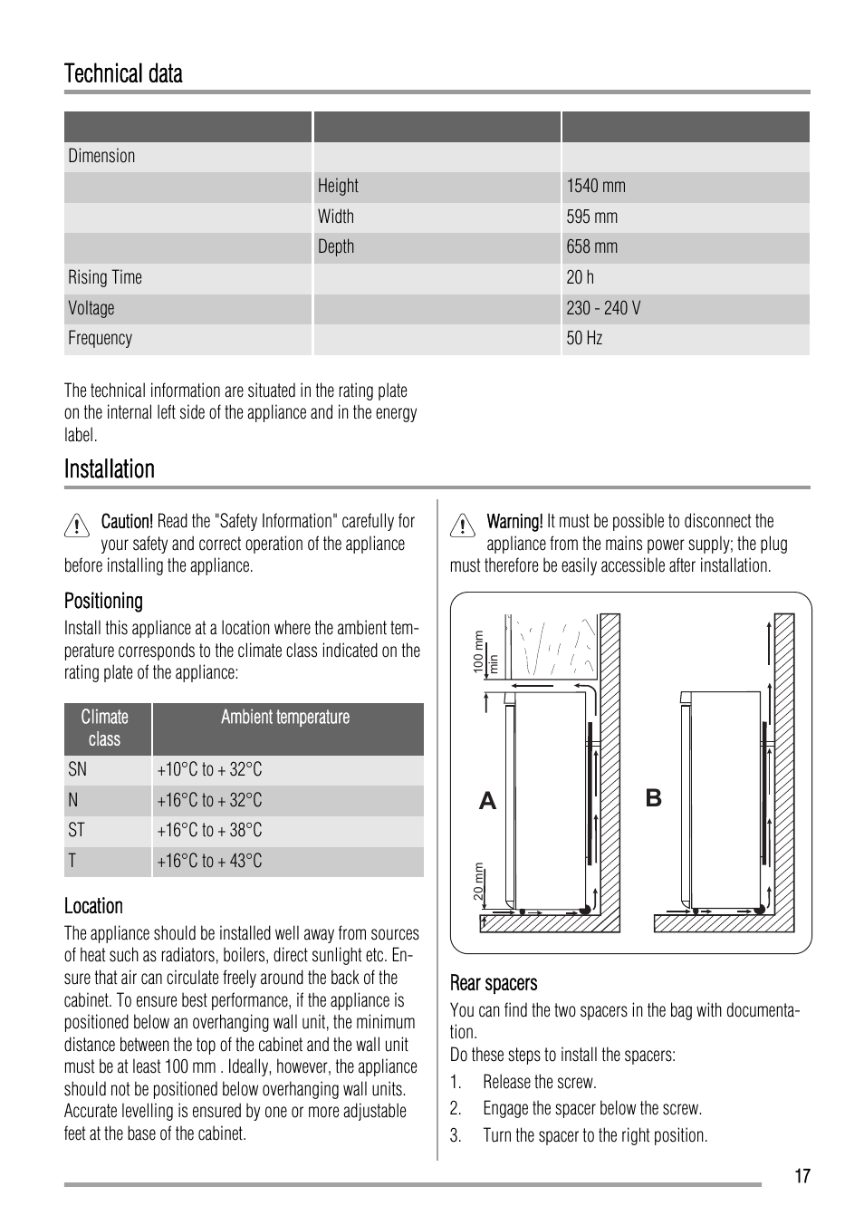 Technical data, Installation | Zanussi ZFU420FW User Manual | Page 17 / 40