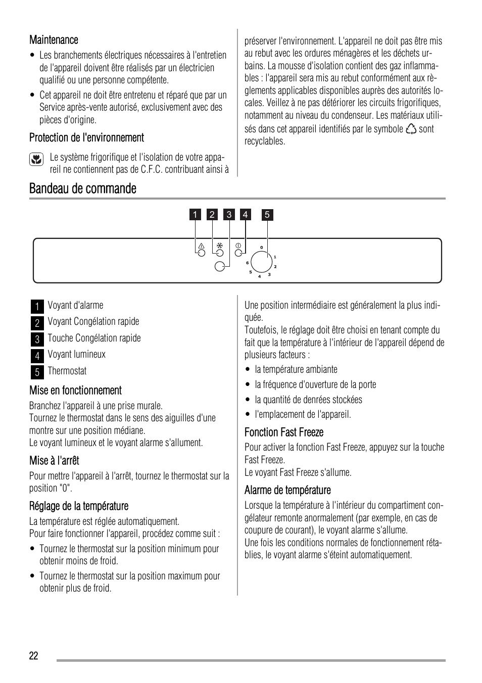 Bandeau de commande | Zanussi ZFU420FW User Manual | Page 22 / 40