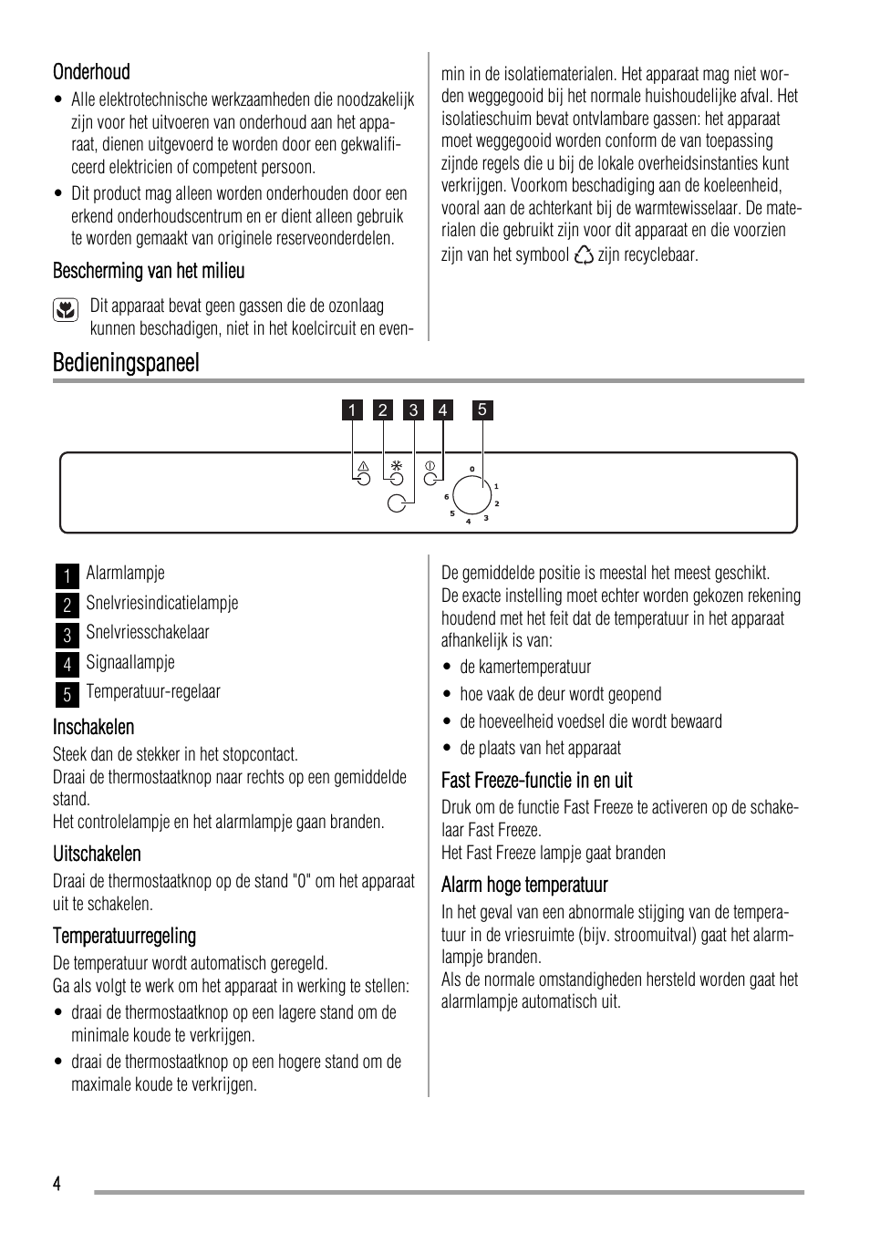 Bedieningspaneel | Zanussi ZFU420FW User Manual | Page 4 / 40