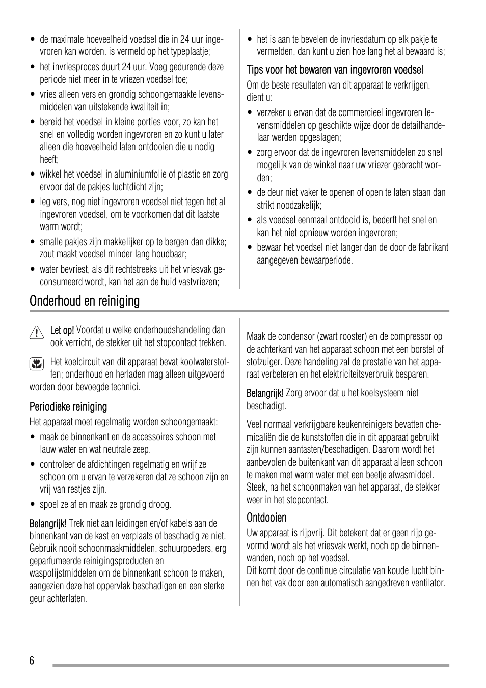 Onderhoud en reiniging | Zanussi ZFU420FW User Manual | Page 6 / 40