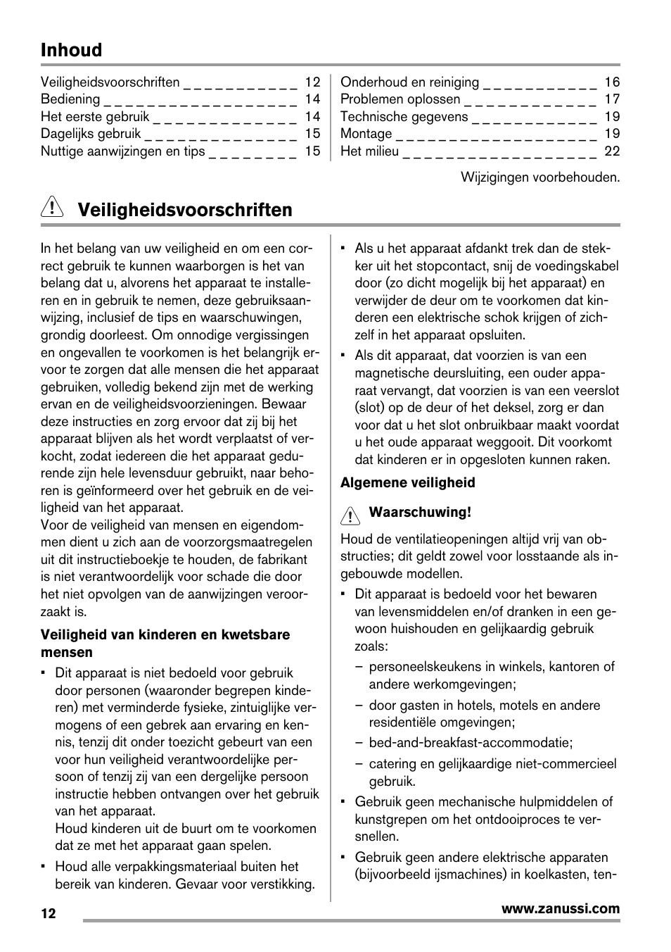 Inhoud, Veiligheidsvoorschriften | Zanussi ZFX405W User Manual | Page 12 / 56