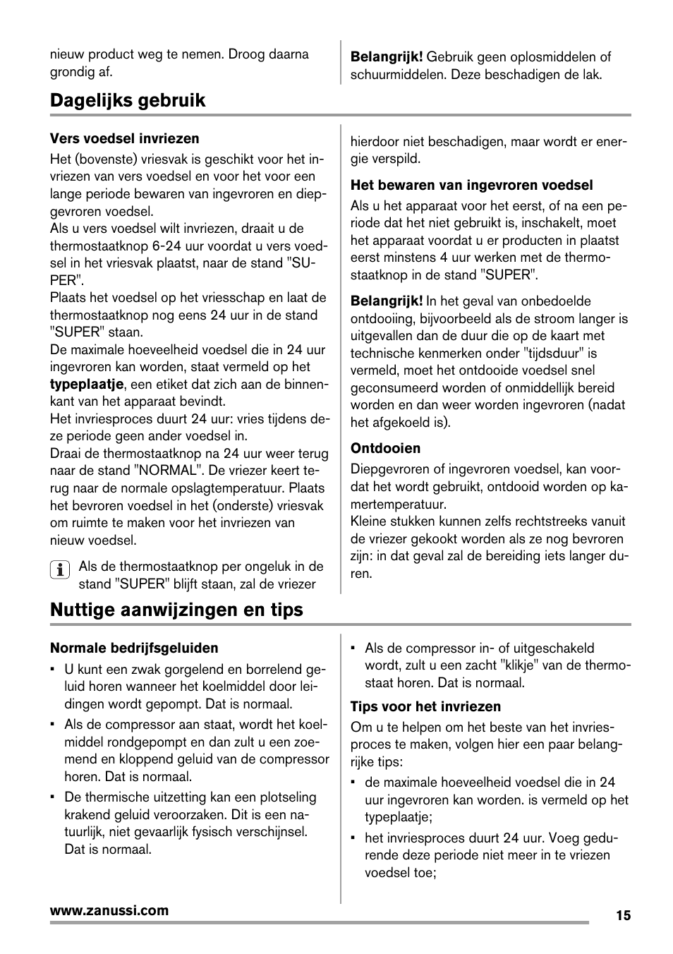 Dagelijks gebruik, Nuttige aanwijzingen en tips | Zanussi ZFX405W User Manual | Page 15 / 56