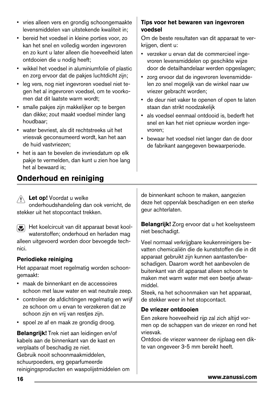 Onderhoud en reiniging | Zanussi ZFX405W User Manual | Page 16 / 56