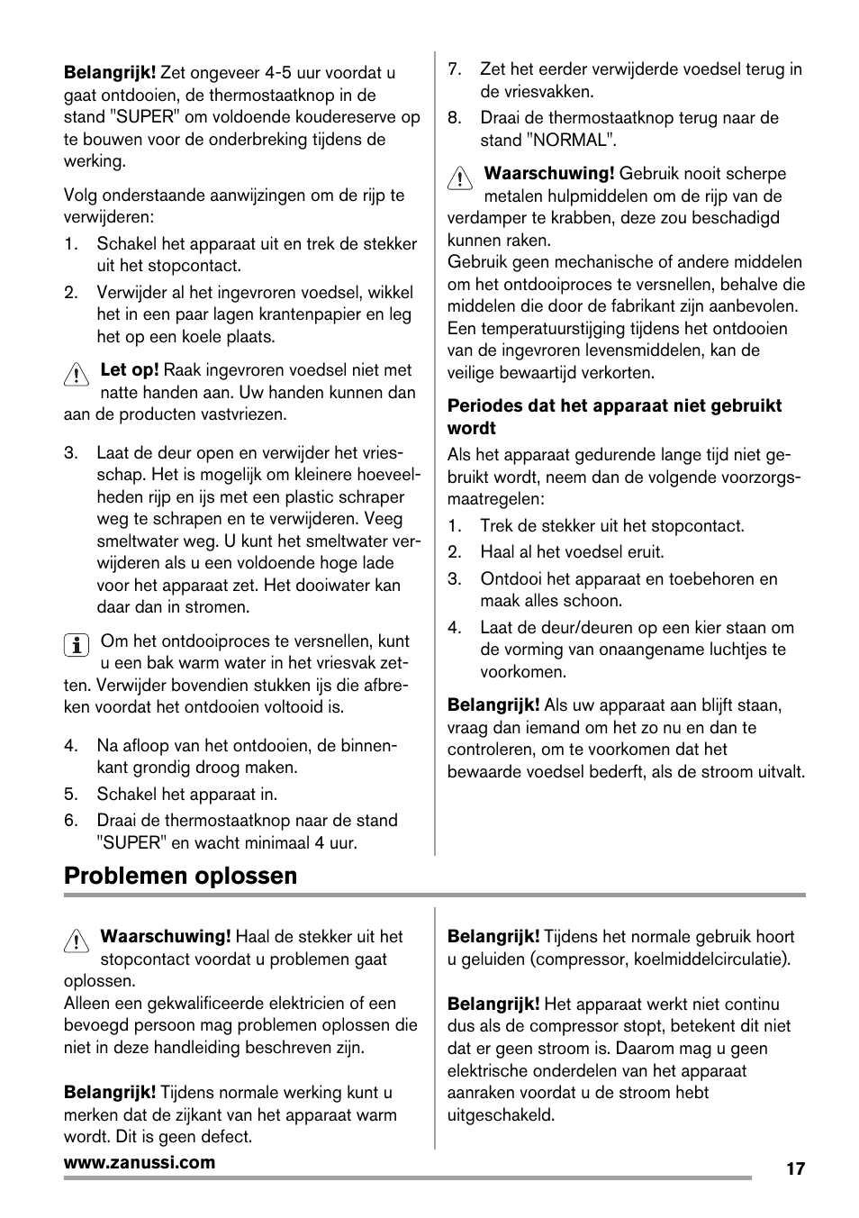 Problemen oplossen | Zanussi ZFX405W User Manual | Page 17 / 56