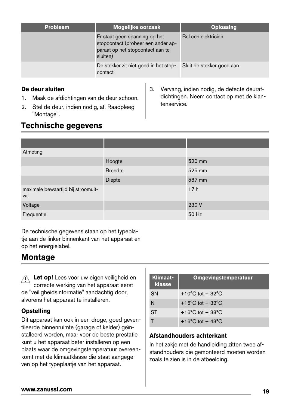Technische gegevens, Montage | Zanussi ZFX405W User Manual | Page 19 / 56