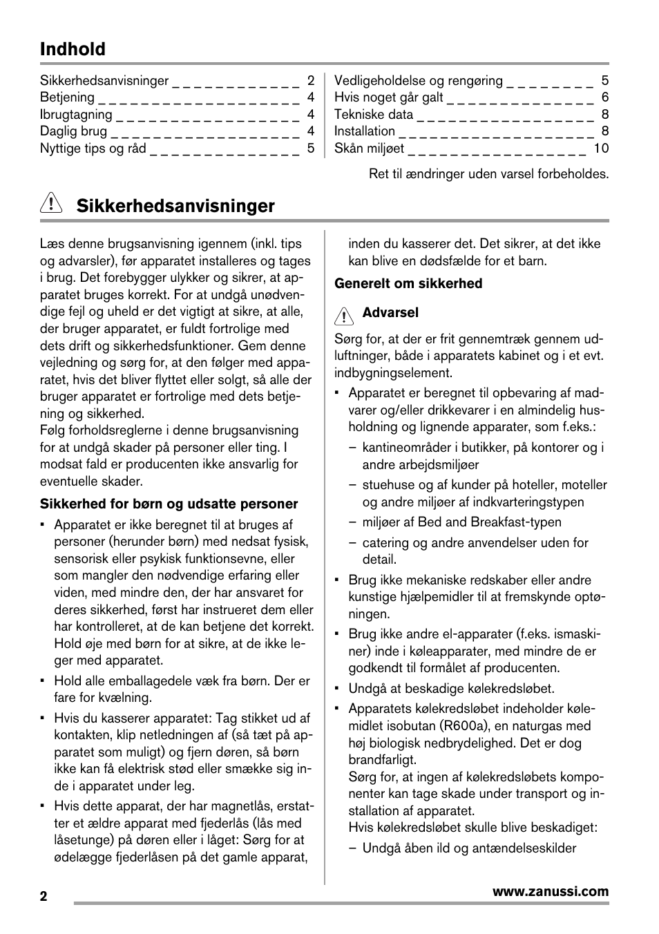 Indhold, Sikkerhedsanvisninger | Zanussi ZFX405W User Manual | Page 2 / 56