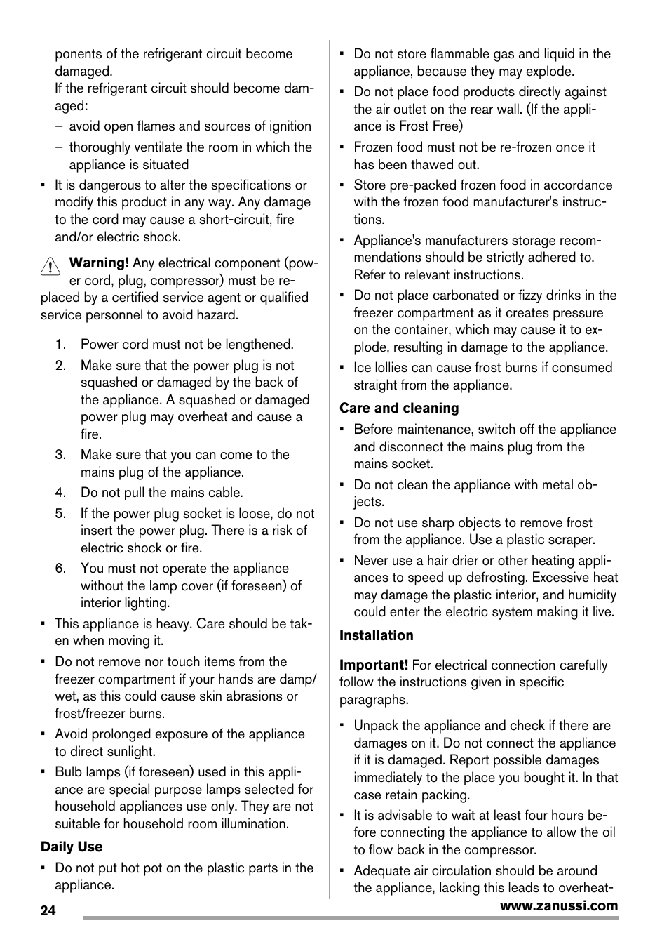 Zanussi ZFX405W User Manual | Page 24 / 56