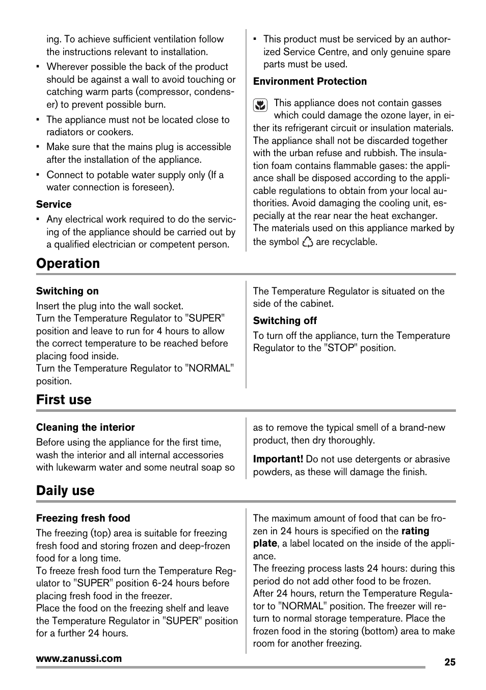 Operation, First use, Daily use | Zanussi ZFX405W User Manual | Page 25 / 56
