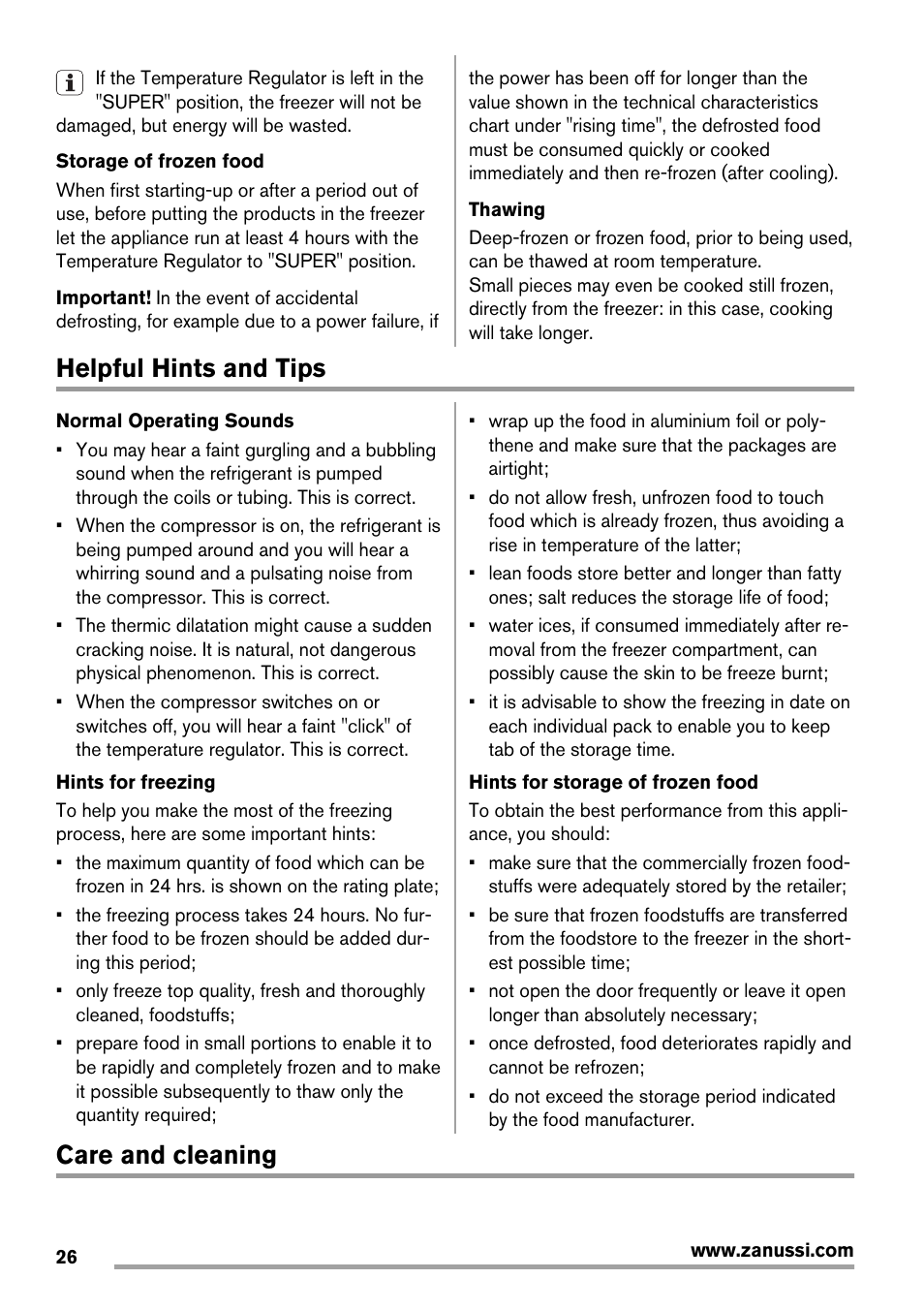 Helpful hints and tips, Care and cleaning | Zanussi ZFX405W User Manual | Page 26 / 56