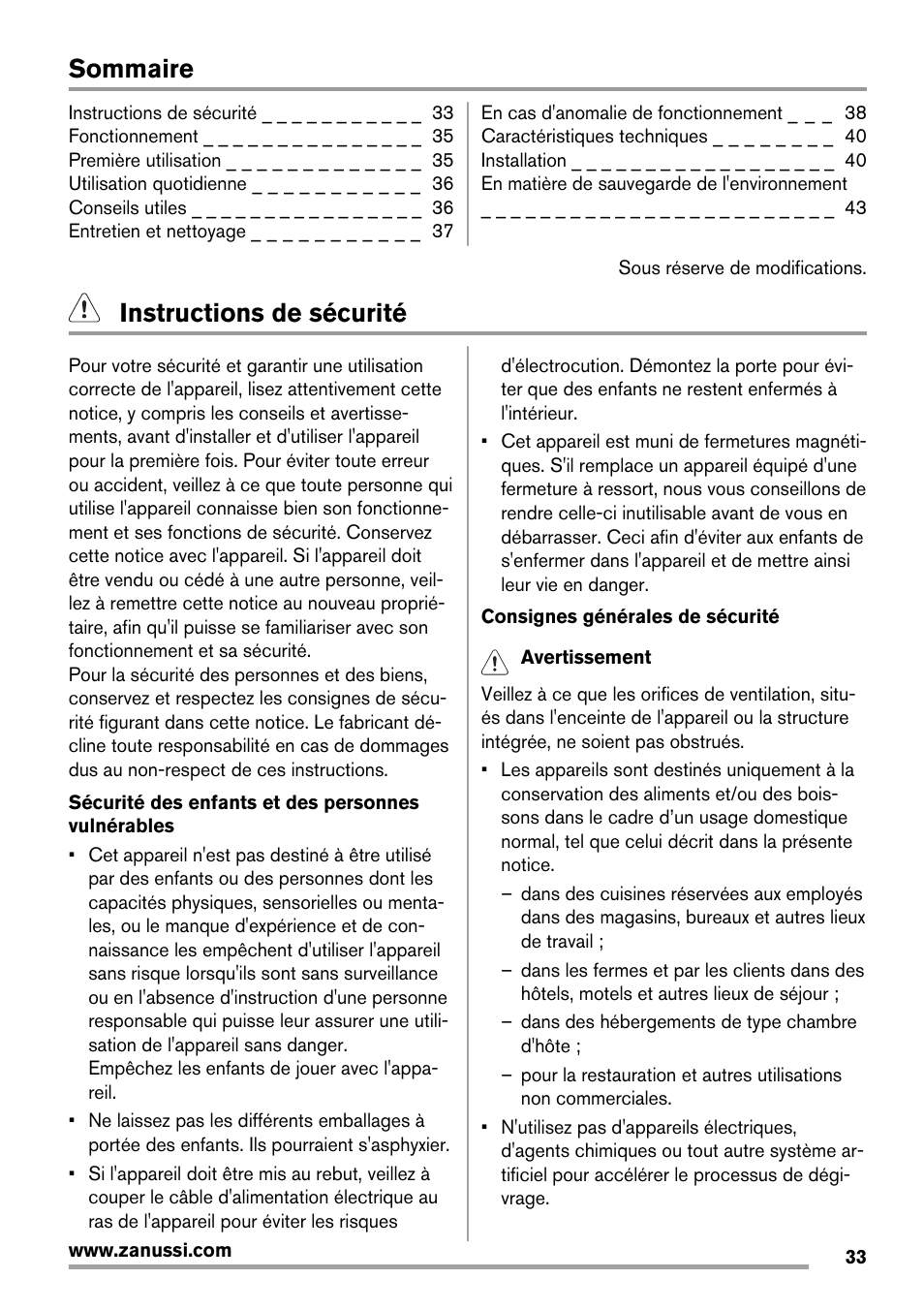 Sommaire, Instructions de sécurité | Zanussi ZFX405W User Manual | Page 33 / 56