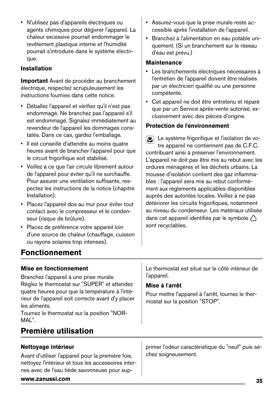 Fonctionnement, Première utilisation | Zanussi ZFX405W User Manual | Page 35 / 56