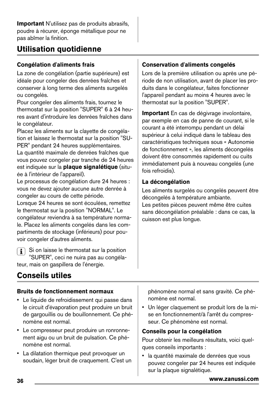 Utilisation quotidienne, Conseils utiles | Zanussi ZFX405W User Manual | Page 36 / 56