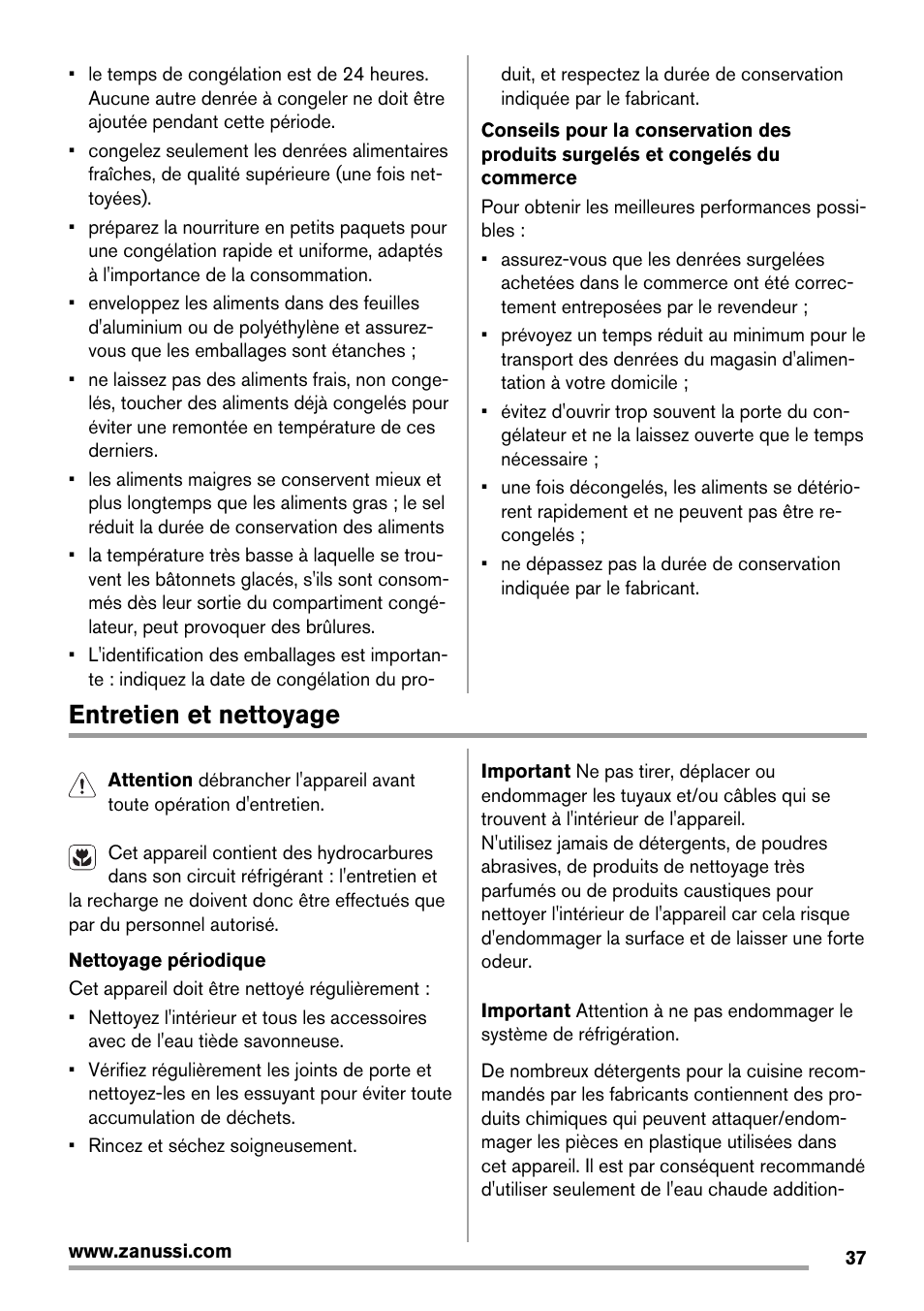Entretien et nettoyage | Zanussi ZFX405W User Manual | Page 37 / 56