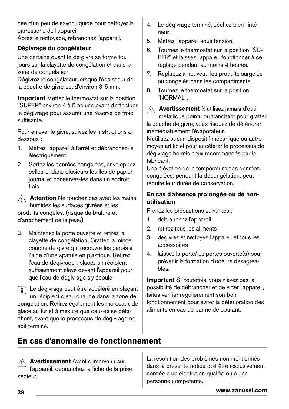 En cas d'anomalie de fonctionnement | Zanussi ZFX405W User Manual | Page 38 / 56