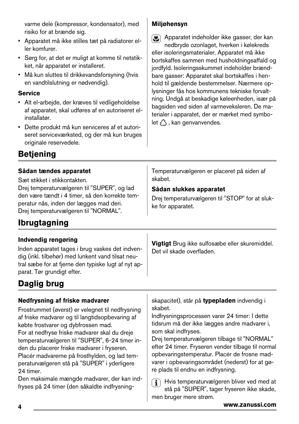 Betjening, Ibrugtagning, Daglig brug | Zanussi ZFX405W User Manual | Page 4 / 56