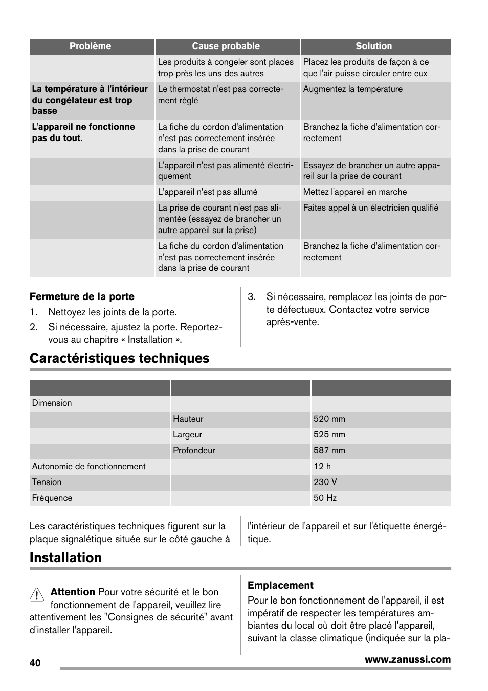 Caractéristiques techniques, Installation | Zanussi ZFX405W User Manual | Page 40 / 56