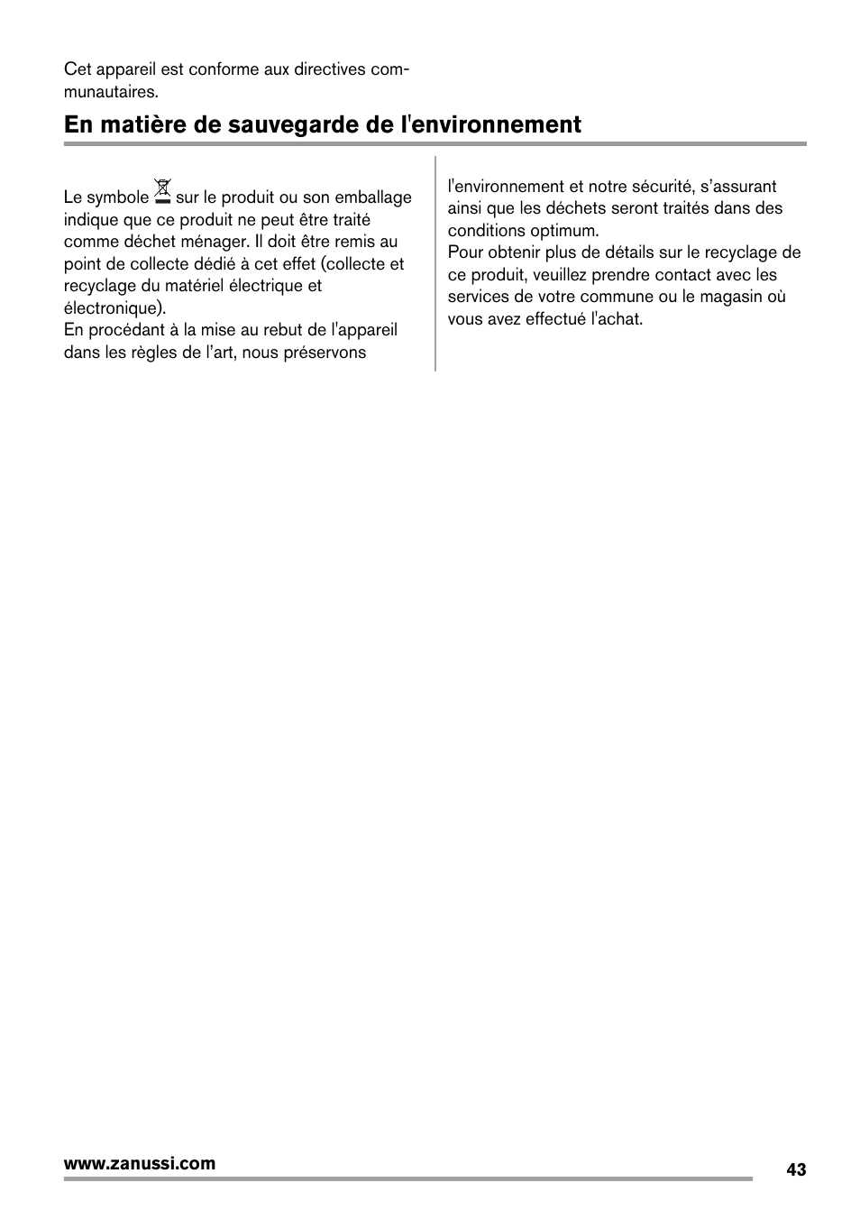 En matière de sauvegarde de l'environnement | Zanussi ZFX405W User Manual | Page 43 / 56