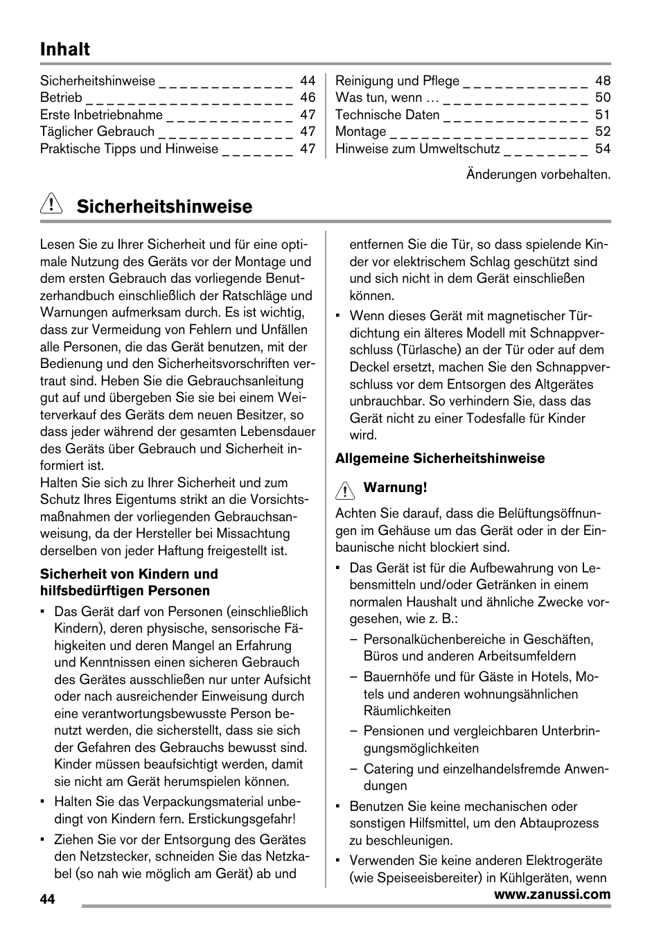 Inhalt, Sicherheitshinweise | Zanussi ZFX405W User Manual | Page 44 / 56