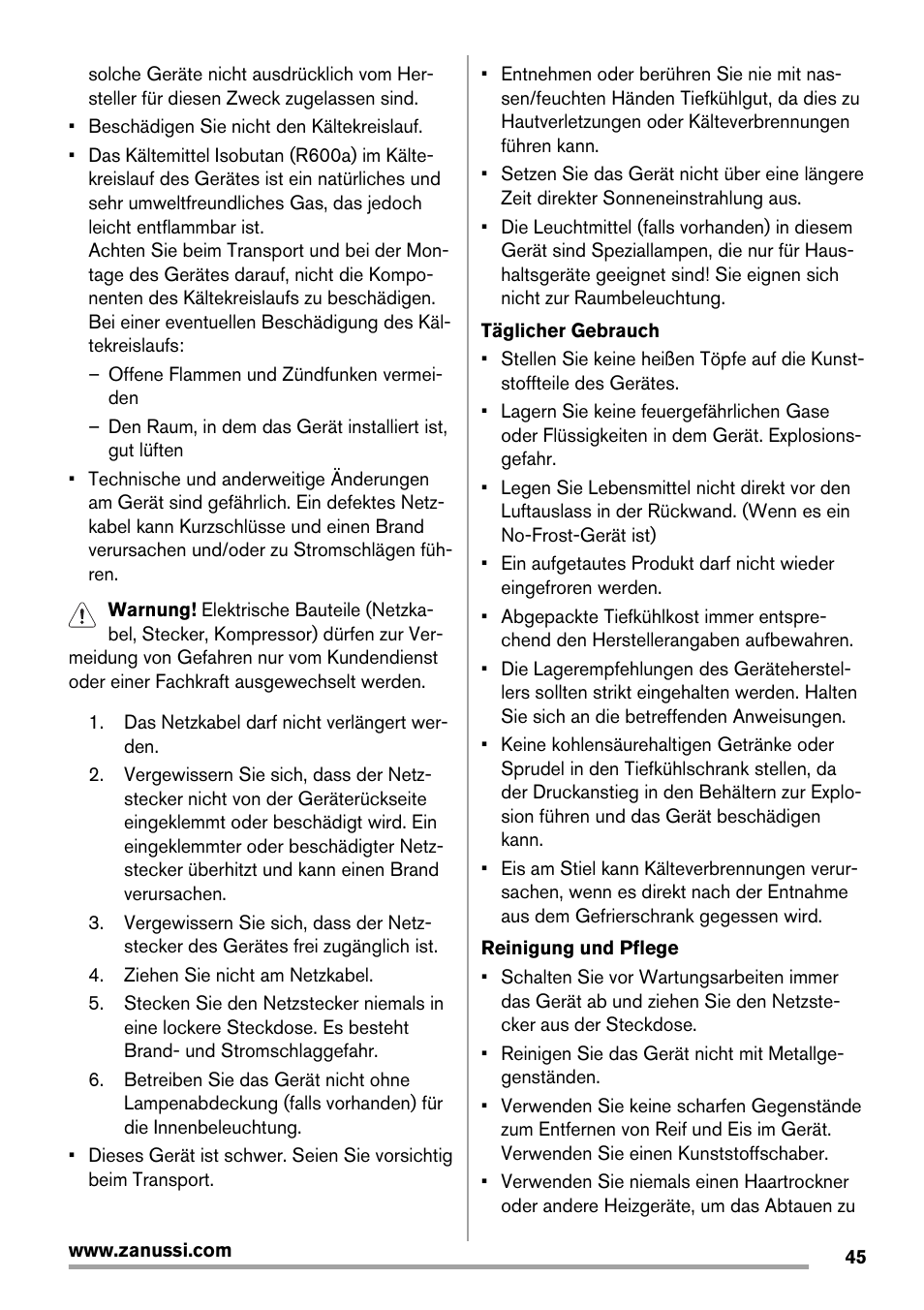 Zanussi ZFX405W User Manual | Page 45 / 56