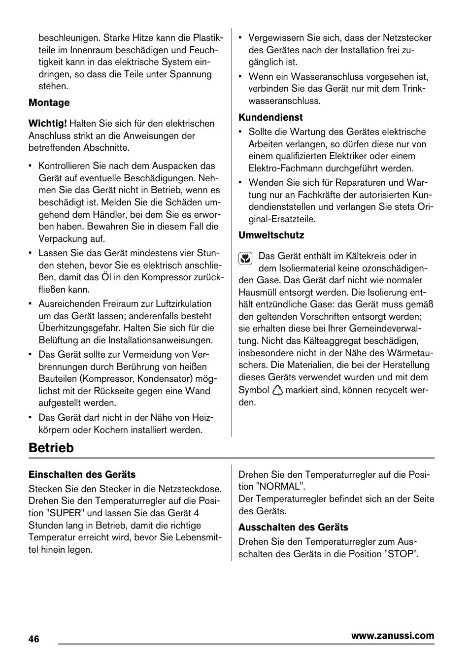 Betrieb | Zanussi ZFX405W User Manual | Page 46 / 56