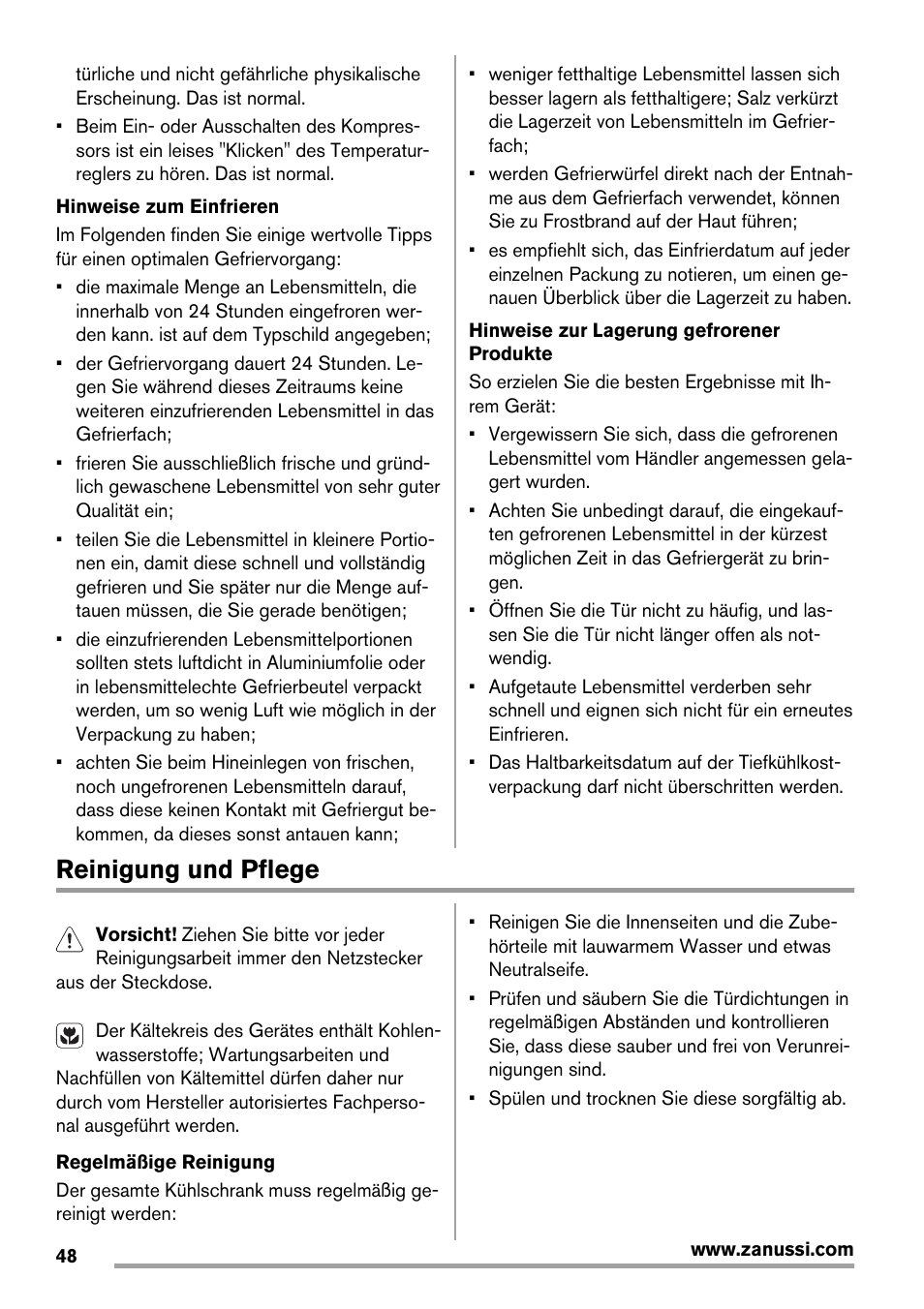 Reinigung und pflege | Zanussi ZFX405W User Manual | Page 48 / 56