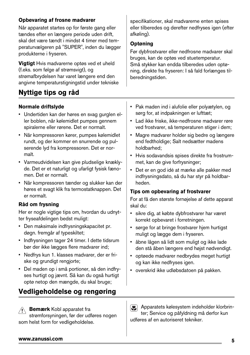 Nyttige tips og råd, Vedligeholdelse og rengøring | Zanussi ZFX405W User Manual | Page 5 / 56